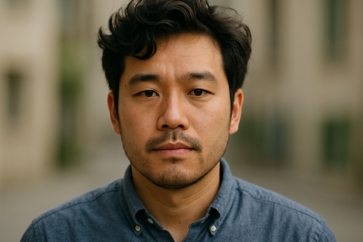 An Asian man with thick wavy hair. The image should be natural and unedited and portrait