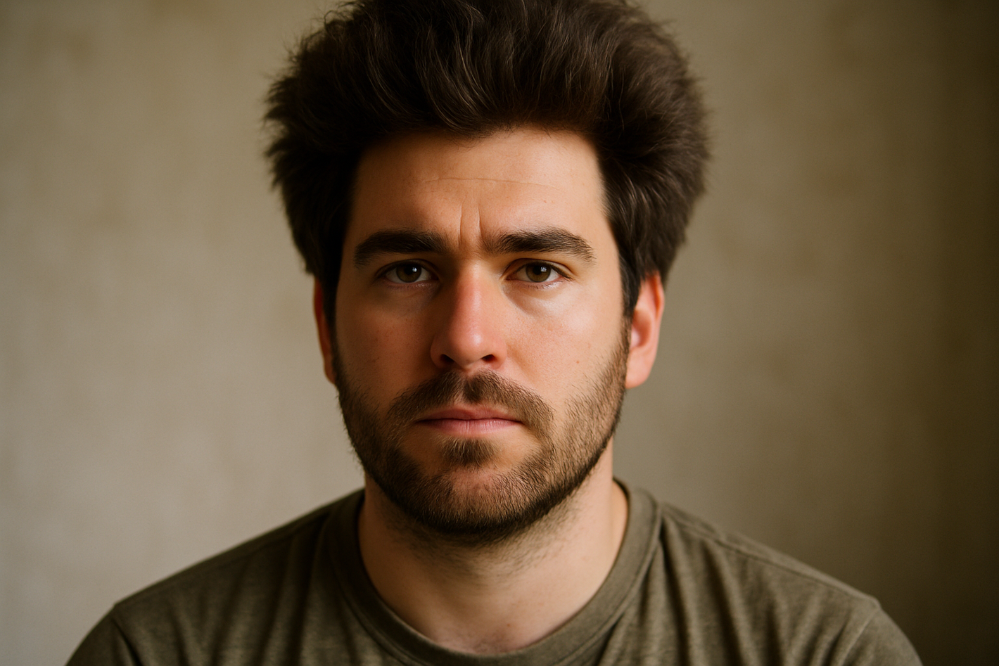 An American man with thick straight voluminous hair. The image should be natural and unedited